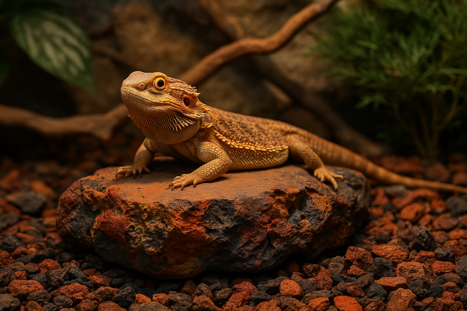 Reptile terrarium layout using scoria substrate and hides