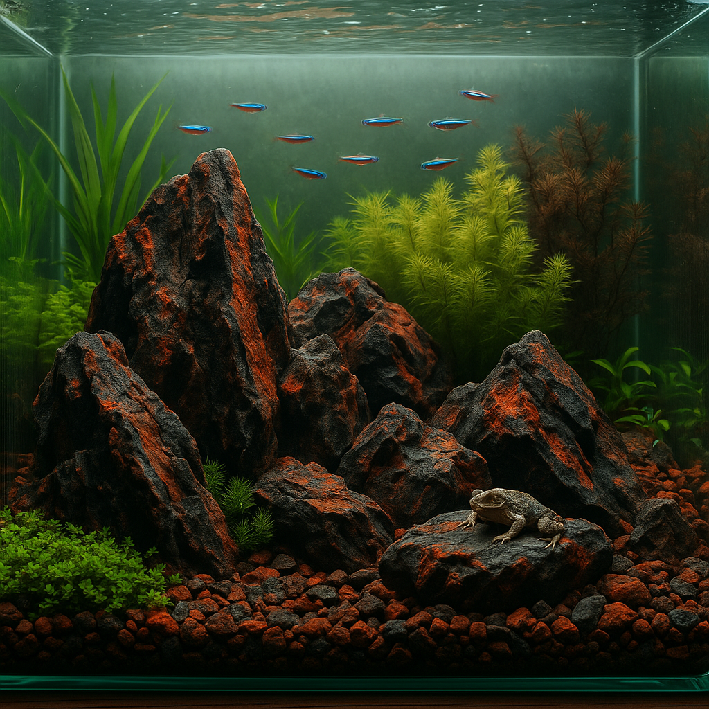 Aquarium aquascape using natural scoria substrate and stones
